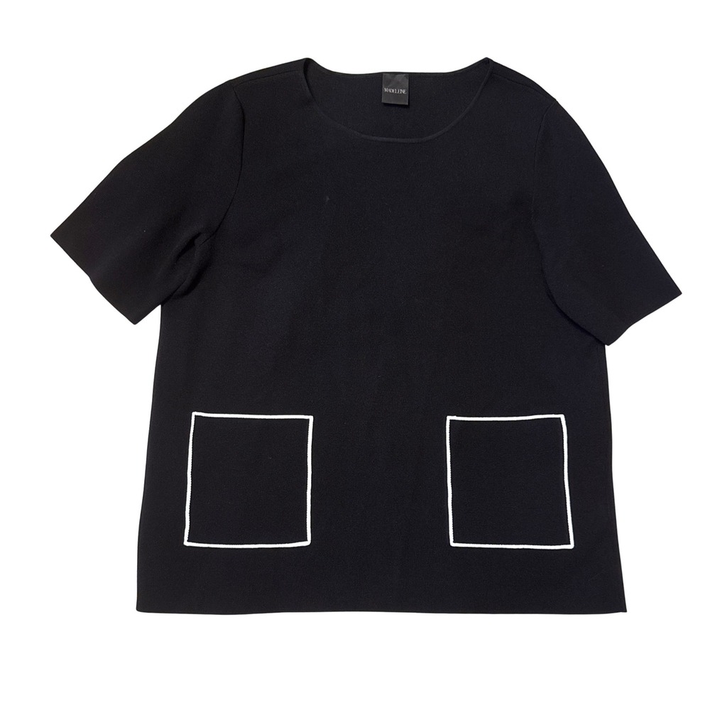 Madeleine Black Short Sleeve Knit Top White Contrast Graphic Pocket Detail 14/16